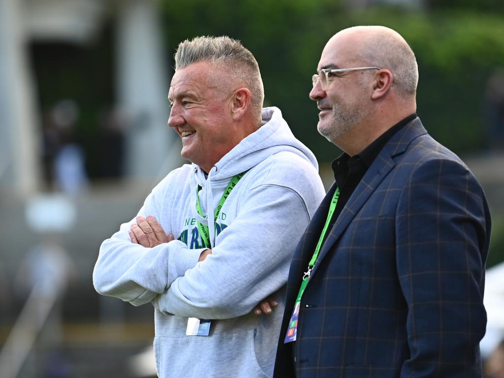 New Zealand Warriors owner Mark Robinson (left) with CEO Cameron George (right). Picture: Getty Images