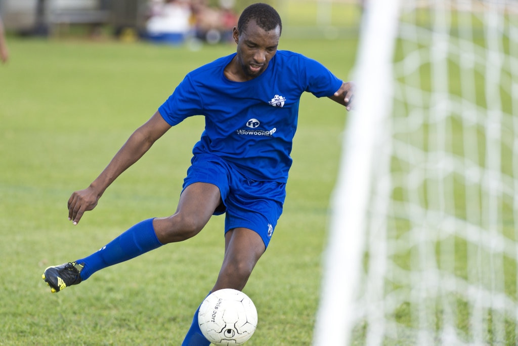 Veco Serugo has a shot on goal for Rockville against Gatton in Toowoomba Football League Premier Men round six at Captain Cook ovals, Sunday, April 7, 2019. Picture: Kevin Farmer