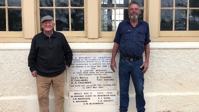 Mysia locals Bob Rollinson and Ray Chalmers and the school's foundation stone.