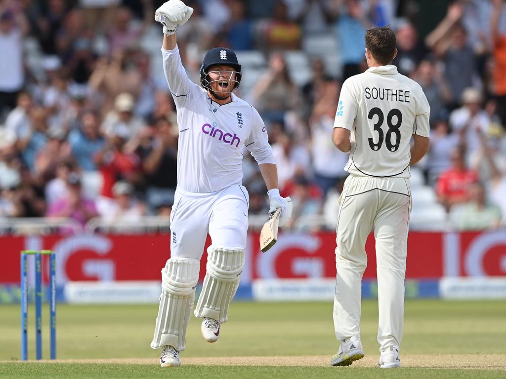 Bairstow celebrates hitting triple figures on the way to a memorable win over New Zealand at Trent Bridge. Picture: <span>Stu Forster/Getty Images</span>