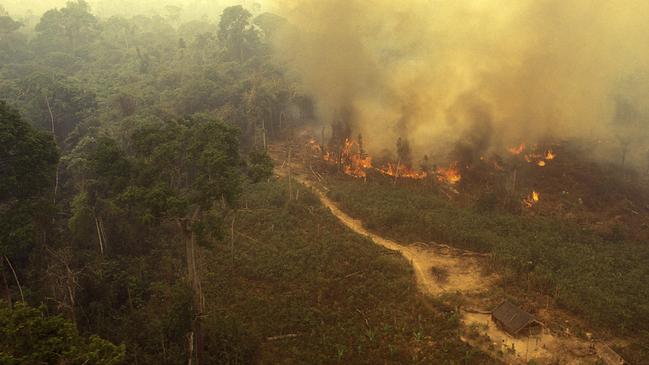 Aerial view of a fire in the Amazon Rainforest.