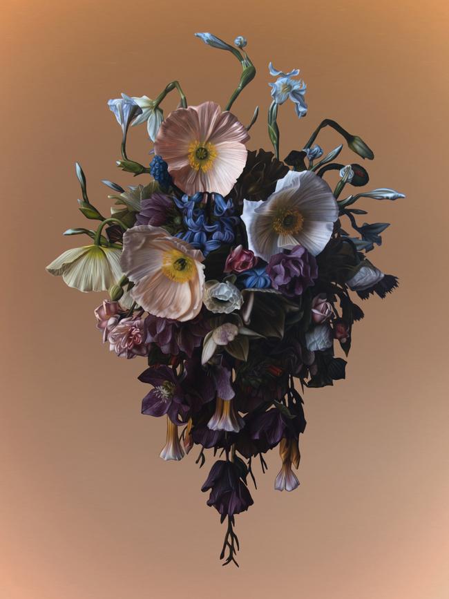 An artwork by Sebastian Galloway, who is painting floral arrangements on copper as part of his latest exhibition Suspended in Bloom. Picture: Supplied