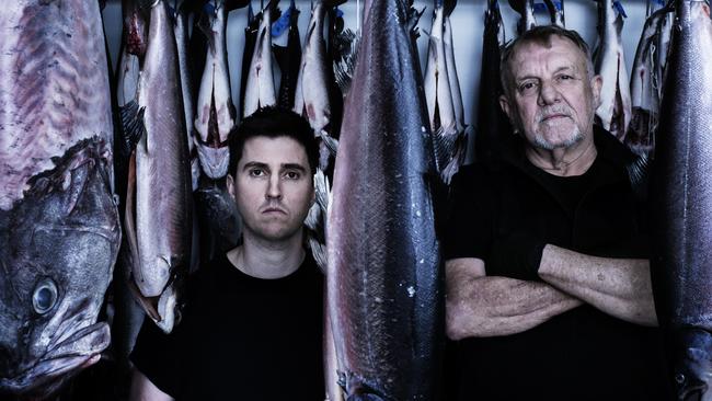 Chef Josh Niland, left, with his mentor Steve Hodge at Niland’s Fish Butchery in Waterloo, Sydney. Picture: Nic Walker