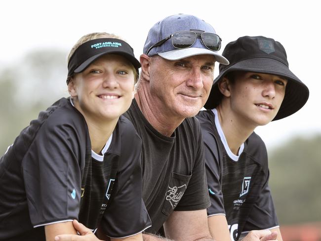 AFL - Port Adelaide training camp,  Maroochydore Queensland - DAY 2. Roger Delaney with his children Jada and Cooper both 13. Picture SARAH REED