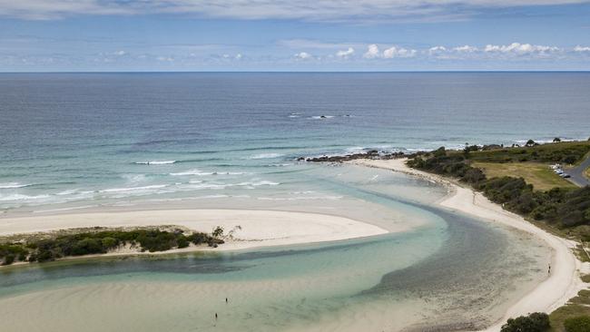 Aerial view of the Cudgera Creek entry into the Pacific Ocean at Hastings Point. Picture: Destination NSW