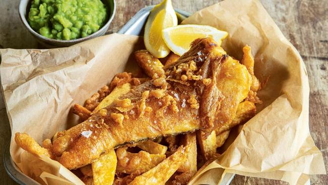 James Martin’s fish ‘n’ chips with mushy peas and tartare sauce.