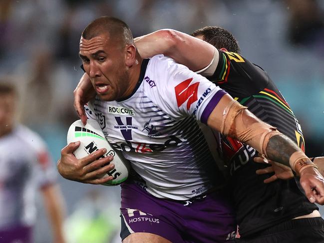 SYDNEY, AUSTRALIA - OCTOBER 25: Nelson Asofa-Solomona of the Storm is tackled during the 2020 NRL Grand Final match between the Penrith Panthers and the Melbourne Storm at ANZ Stadium on October 25, 2020 in Sydney, Australia. (Photo by Cameron Spencer/Getty Images)