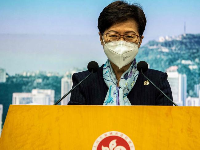 Hong Kong Chief Executive Carrie Lam attends a press conference about coronavirus in Hong Kong. Picture: AFP