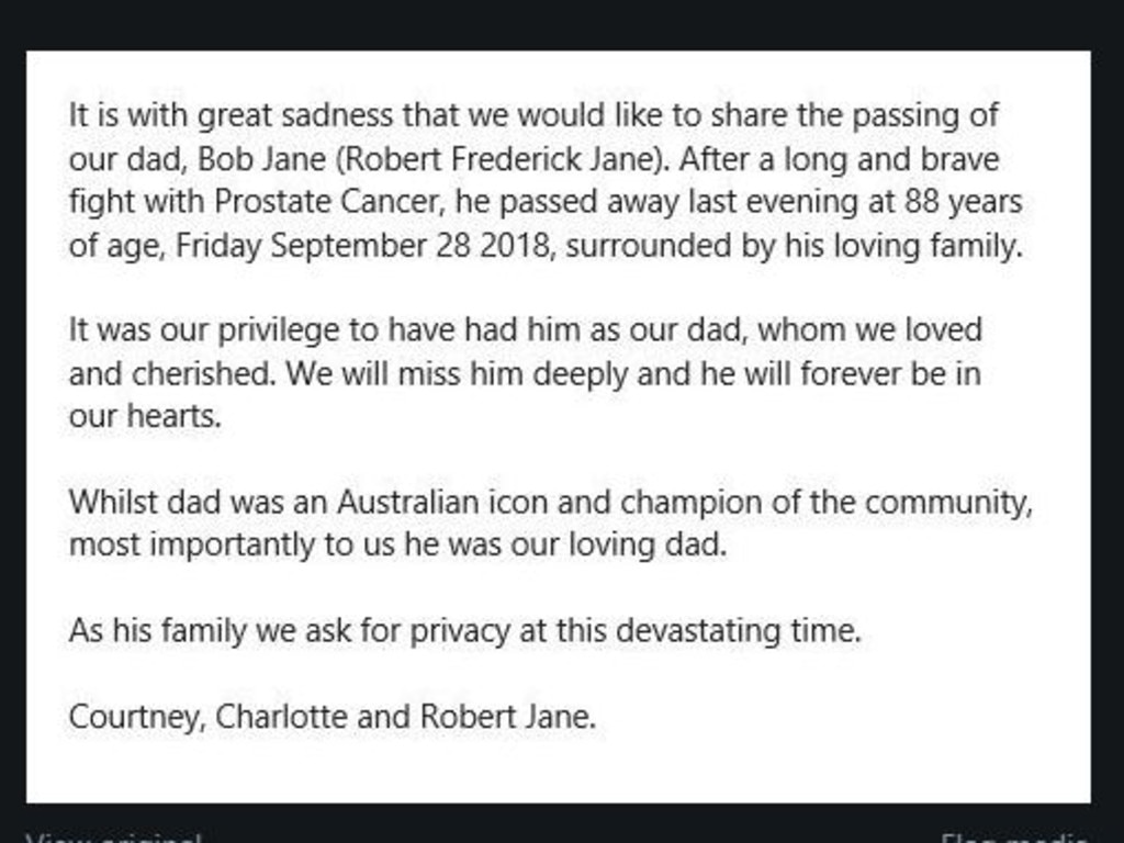 Bob Jane's family has asked for privacy following his death from cancer aged 88 on Friday. Picture: Twitter