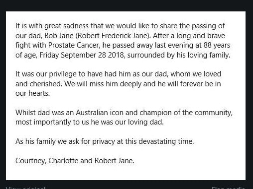 Bob Jane's family has asked for privacy following his death from cancer aged 88 on Friday. Picture: Twitter