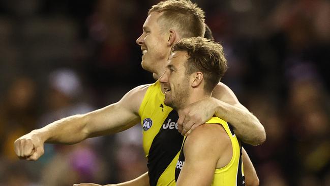 Riewoldt celebrates after scoring one of his five goals. Picture: Getty Images