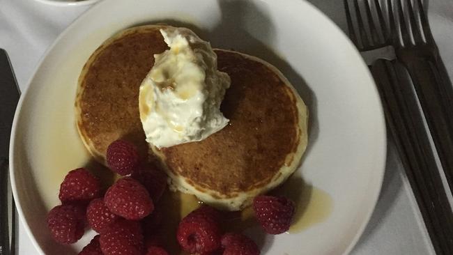 Brekkie time: freshly made Buttermilk pancakes and raspberries. As you do.