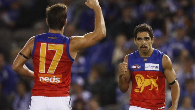 Charlie Cameron celebrates a goal during Brisbane Lions victory over North Melbourne. Picture: Daniel Pockett. 