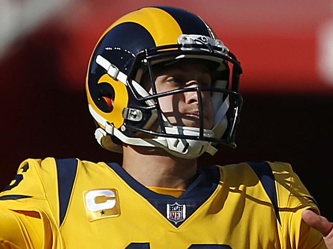 Los Angeles Rams quarterback Jared Goff (16) passes against the San Francisco 49ers during the second half of an NFL football game in Santa Clara, Calif., Sunday, Oct. 21, 2018. (AP Photo/Josie Lepe)