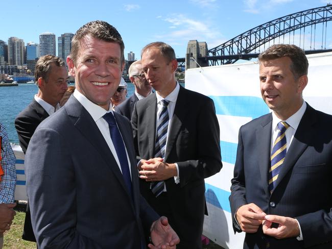 Premier Mike Baird and Transport Minister Andrew Constance in Blues Point park. Picture: Tim Hunter