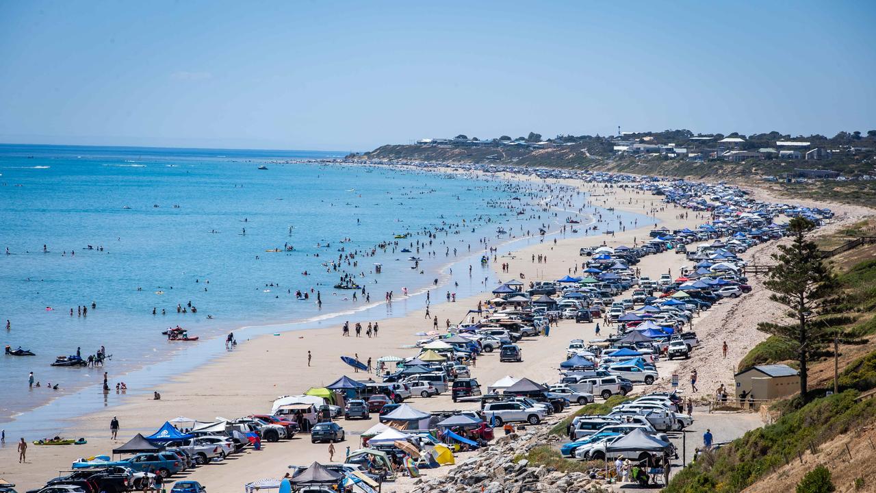 View from Sellicks Beach of a packed beach on January 1st, 2023. Picture: Tom Huntley