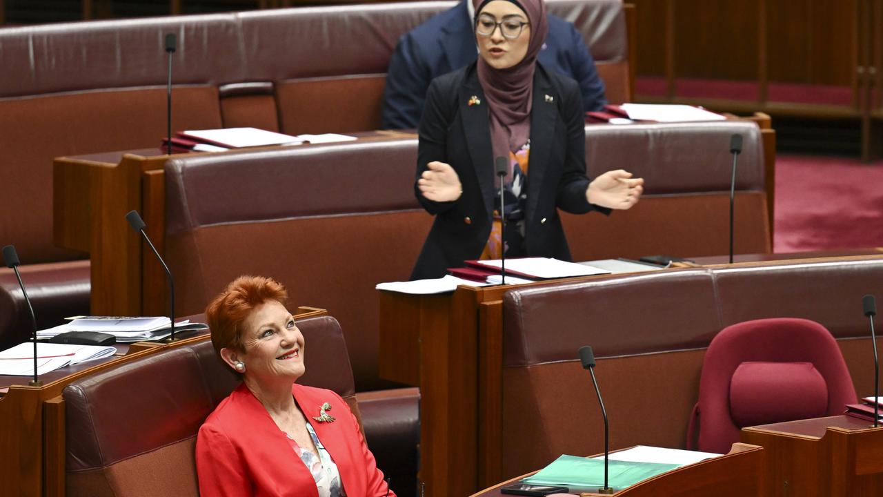 Senator Pauline Hanson and Senator Fatima Payman in the Senate at Parliament House in Canberra. Picture: NewsWire / Martin Ollman