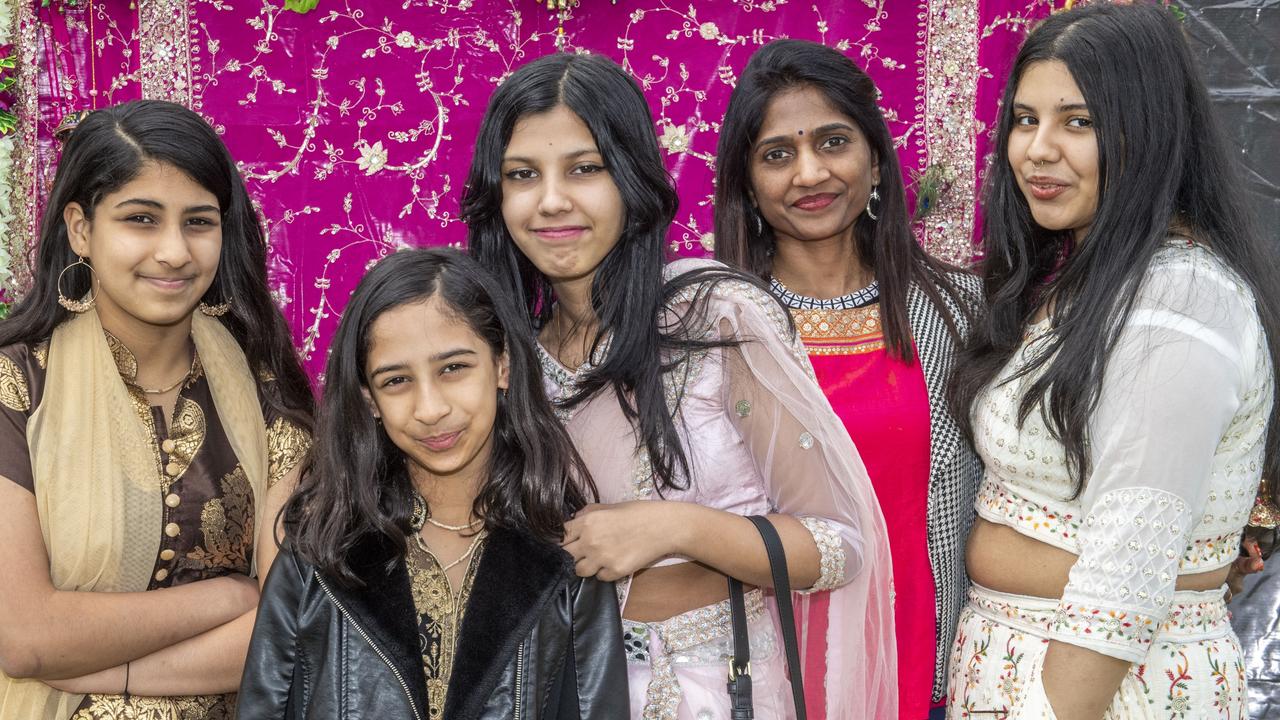 (from left) Tani Bhardwaj, Krishna Priya Bhardwaj, Mani Bhardwaj, Minal Patel and Radhika Bhardwaj. Krishna Janmashtami celebrations in Toowoomba Civic Square. Sunday, August 28, 2022. Picture: Nev Madsen.