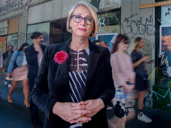 Sally Capp identifies her ugly buildings. Story is one graffitti littering melb streets and buildings that need some refurb. Picture: Jay Town