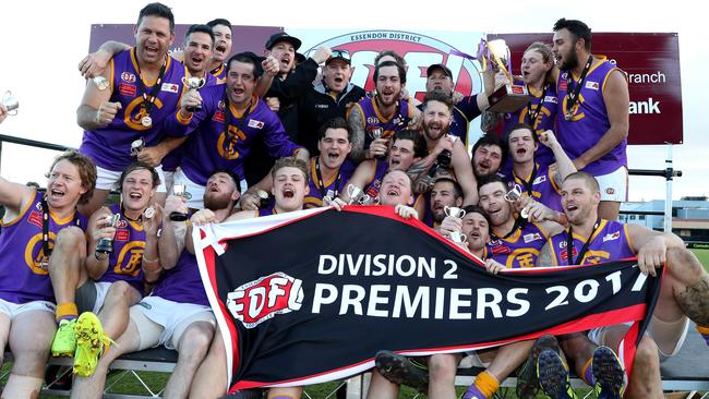 Jacana players celebrate last year’s premiership triumph. Picture: Mark Dadswell