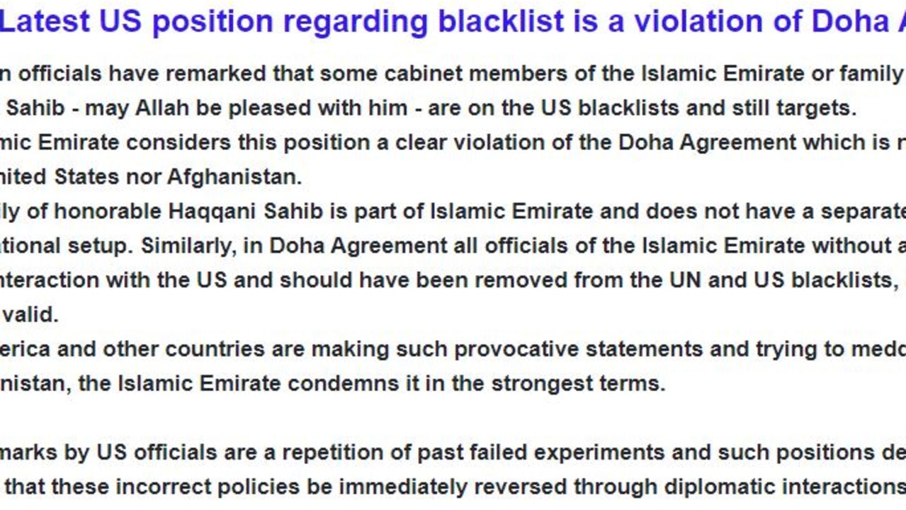 Part of a statement from the Taliban surrounding its new government, obtained by news.com.au.
