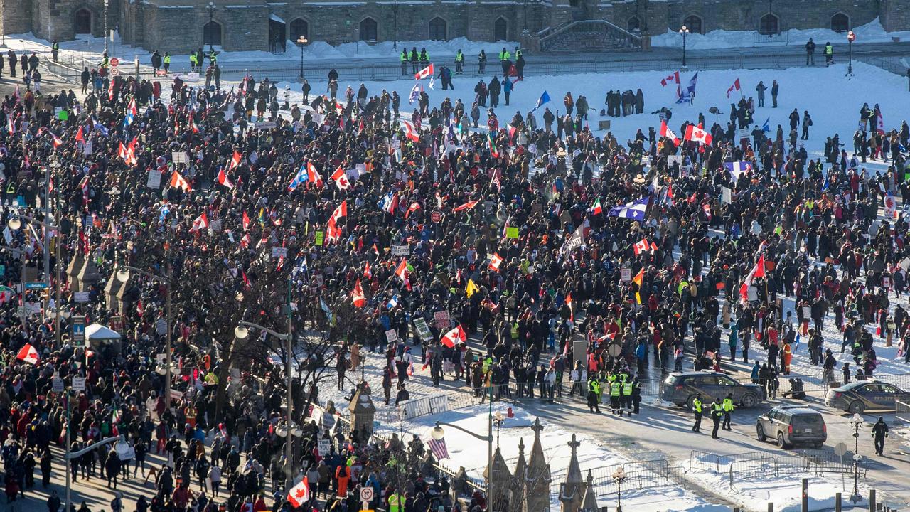 Supporters arrive at Parliament Hill for the Freedom Truck Convoy to protest against Covid-19 vaccine mandates and restrictions in Ottawa. Picture: AFP