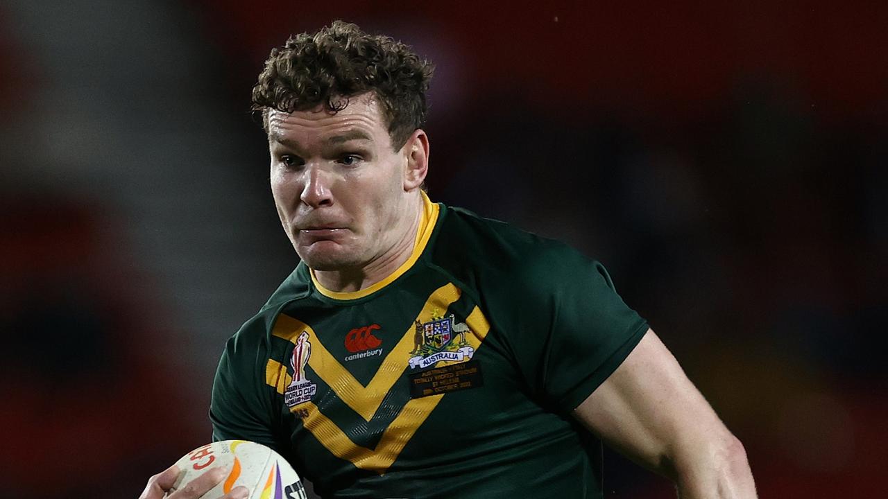 ST HELENS, ENGLAND - OCTOBER 29: Liam Martin of Australia during Rugby League World Cup 2021 Pool B match between Australia and Italy at Totally Wicked Stadium on October 29, 2022 in St Helens, England. (Photo by Michael Steele/Getty Images)