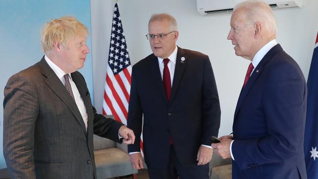 Scott Morrison with US President Joe Biden and then British prime minister Boris Johnson in 2021. Picture: Adam Taylor / PMO