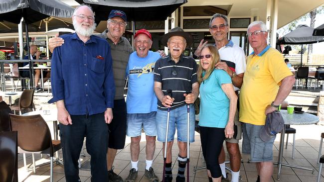 Rob Wheeler, Phil Behnke, Barry McGaffin, John Wheeler, Joan Vickers, Herb Brandmeier and Frank Corbett are regulars at the Mt Coot-tha Summit Cafe. Picture: AAP image, John Gass