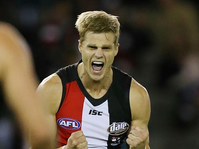 AFL: St Kilda V North Melbourne at Etihad Stadium, 8th May , Melbourne Australia. St Kilda's Nick Riewoldt celebrates his goal in the third quarter Picture : George Salpigtidis