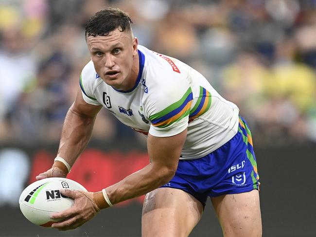 TOWNSVILLE, AUSTRALIA - MARCH 04: Jack Wighton of the Raiders runs the ball during the round one NRL match between the North Queensland Cowboys and the Canberra Raiders at Qld Country Bank Stadium on March 04, 2023 in Townsville, Australia. (Photo by Ian Hitchcock/Getty Images)