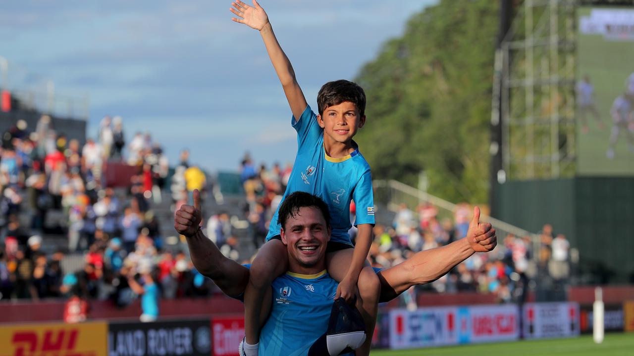 Nicolas Freitas of Uruguay applauds fans after the Rugby World Cup game.