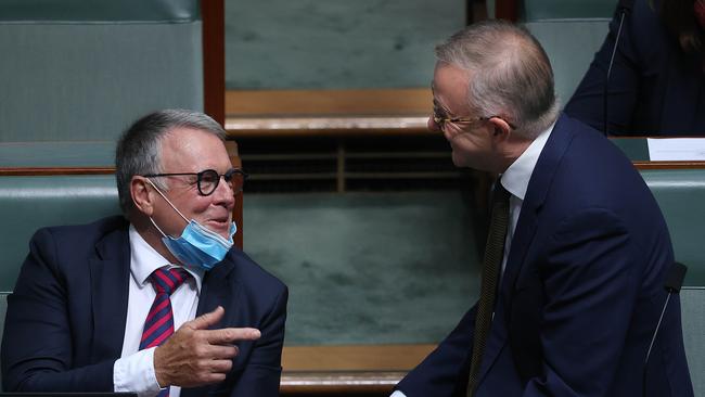 Old mates … Joel Fitzgibbon, left, with Anthony Albanese during question time on Thursday. Picture: NCA NewsWire / Gary Ramage