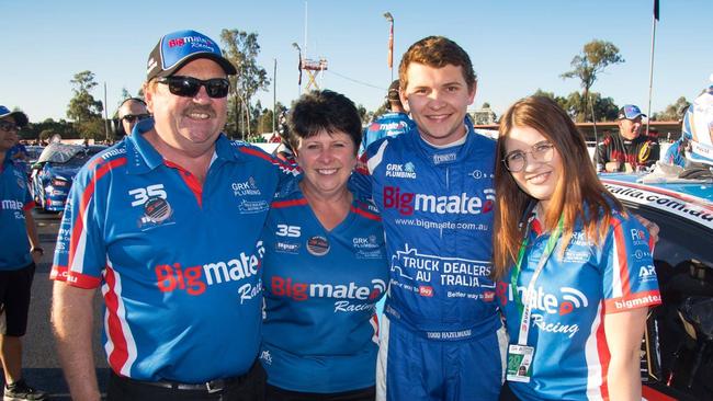 V8 driver Todd Hazelwood with parents Russell and Sharon and sister Loren. Picture: Supplied