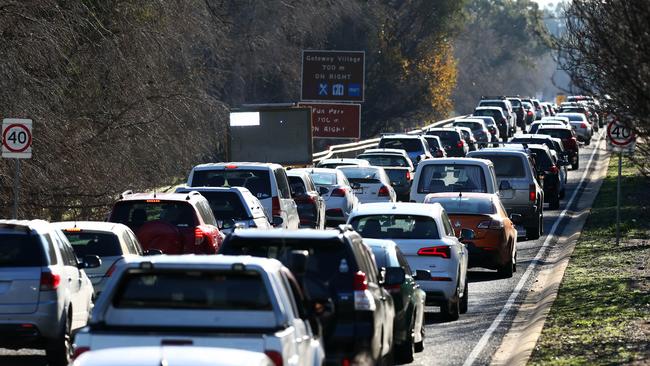 Cars stuck in a long queue at the NSW-Victoria border. Picture: Aaron Francis