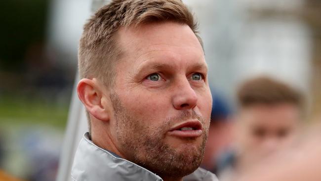 MELBOURNE, AUSTRALIA - MAY 16: Sam Mitchell senior coach of Box Hill speaks to players during the round five VFL match between Box Hill and North Melbourne at Box Hill City Oval on May 16, 2021 in Melbourne, Australia. (Photo by Kelly Defina/AFL Photos/via Getty Images)