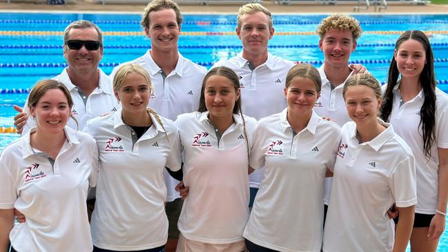 Alstonville Swimming Club members. Back: Coach Graham Walker, Lochie Trease, Harry Kilburn, Aidan Arnison, Niquola White. Front: McKinley Arnison, Alanna Bromhead, Sophie Mayes, Felicity Walker and Abbie Yourell. Not pictured is Hayden Winney, Coco Robinson, Coach James Winney and Coach Clayton Fettell.