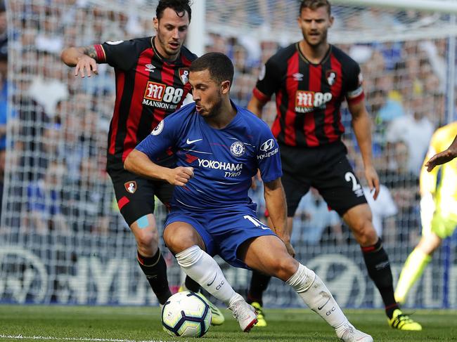 Chelsea's Eden Hazard controls the ball during the English Premier League soccer match between Chelsea and Bournemouth. Picture: AP Photo