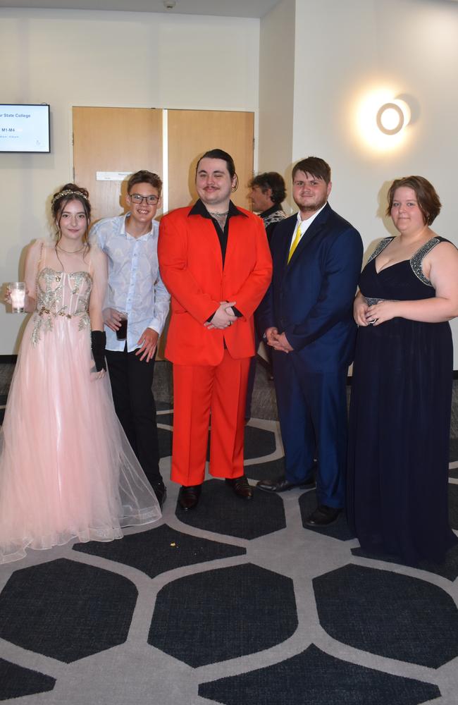 Lachlan Braund, Emily Wyer, Harley Barnett Taylor, BJ Vanderwolf and Hannah Wyer at the 2022 Nambour State College formal. Picture: Eddie Franklin