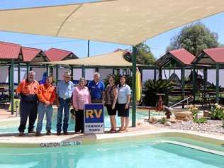 Maranoa Regional Council Deputy Mayor Jan Chambers and  Campervan and Motorhomes Club of Australia director Richard Mainey declare Mitchell RV friendly. (From left) John Tate, Darren Kay, Jeff Watson, Cr Chambers, Mr Mainey, Bree Jiggins and Jane Fenton,. Picture: Maranoa Regional Council