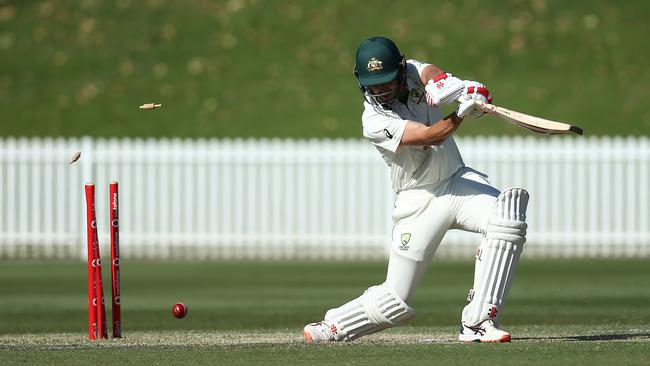 Joe Burns chops on in the second innings. Picture: Jason McCawley/Getty