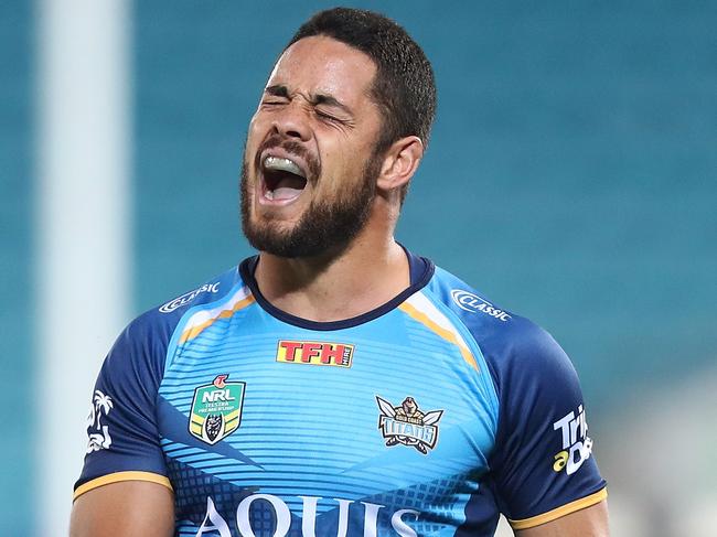 GOLD COAST, AUSTRALIA - JULY 30:  Jarryd Hayne of the Titans reacts during the round 21 NRL match between the Gold Coast Titans and the Wests Tigers at Cbus Super Stadium on July 30, 2017 in Gold Coast, Australia.  (Photo by Chris Hyde/Getty Images)