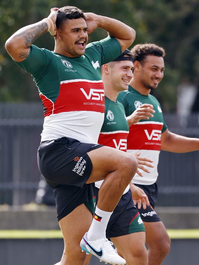 Latrell Mitchell training ahead of Thursday night’s clash with the Dolphins. Picture: Sam Ruttyn