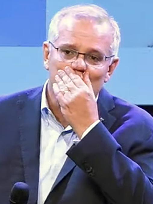 Scott Morrison tears up while addressing Horizon Church in southern Sydney on Sunday. Picture: YouTube/Horizon Church