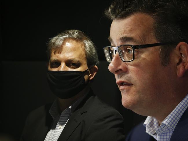 Victorian Chief Health Officer Brett Sutton (left) looks on as Victorian Premier Daniel Andrews speaks to the media. Picture: Daniel Pockett/NCA NewsWire