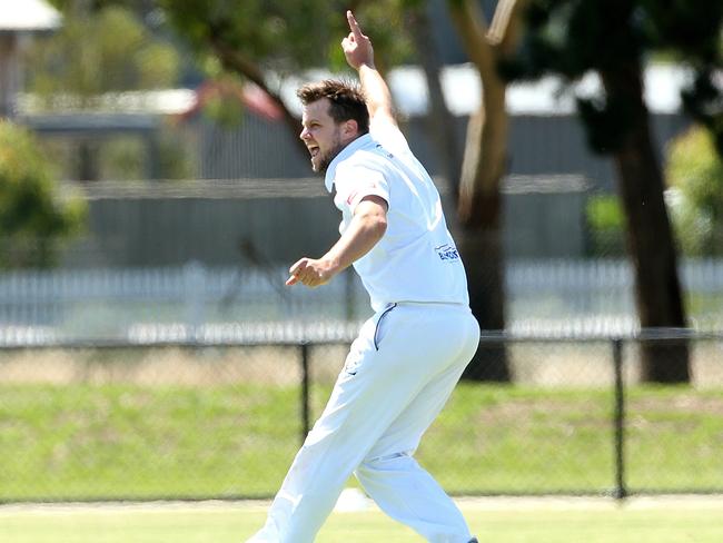 Josh Henkel of Epping celebrates after taking the wicket of Dananjaya Fernando of Lower Eltham during DVCA Cricket: Epping v Lower Eltham on Saturday, February 22, 2020, in Epping, Victoria, Australia. Picture: Hamish Blair