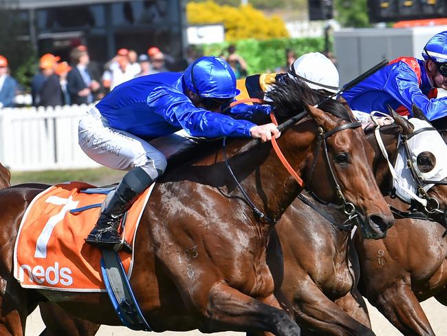 Anamoe ridden by James McDonald wins the Neds Might And Power at Caulfield Racecourse on October 08, 2022 in Caulfield, Australia. (Photo by Reg Ryan/Racing Photos via Getty Images)