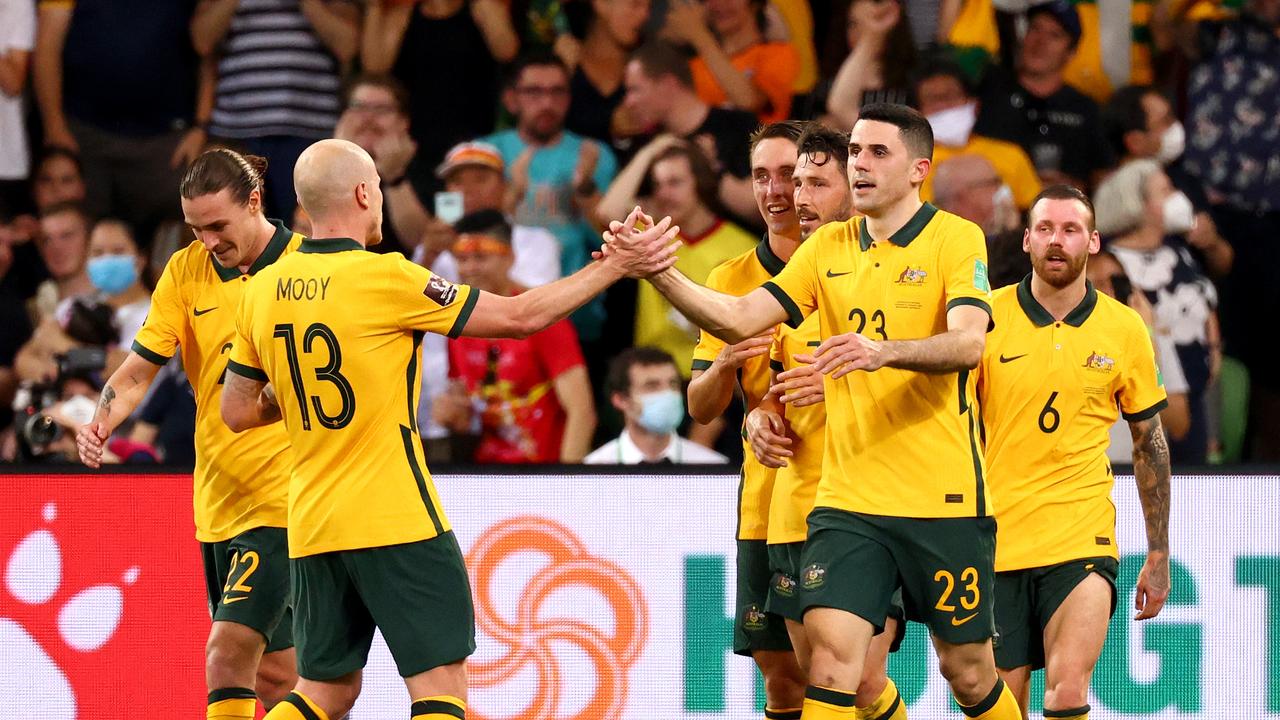Tom Rogic celebrates a goal for the Socceroos in January.