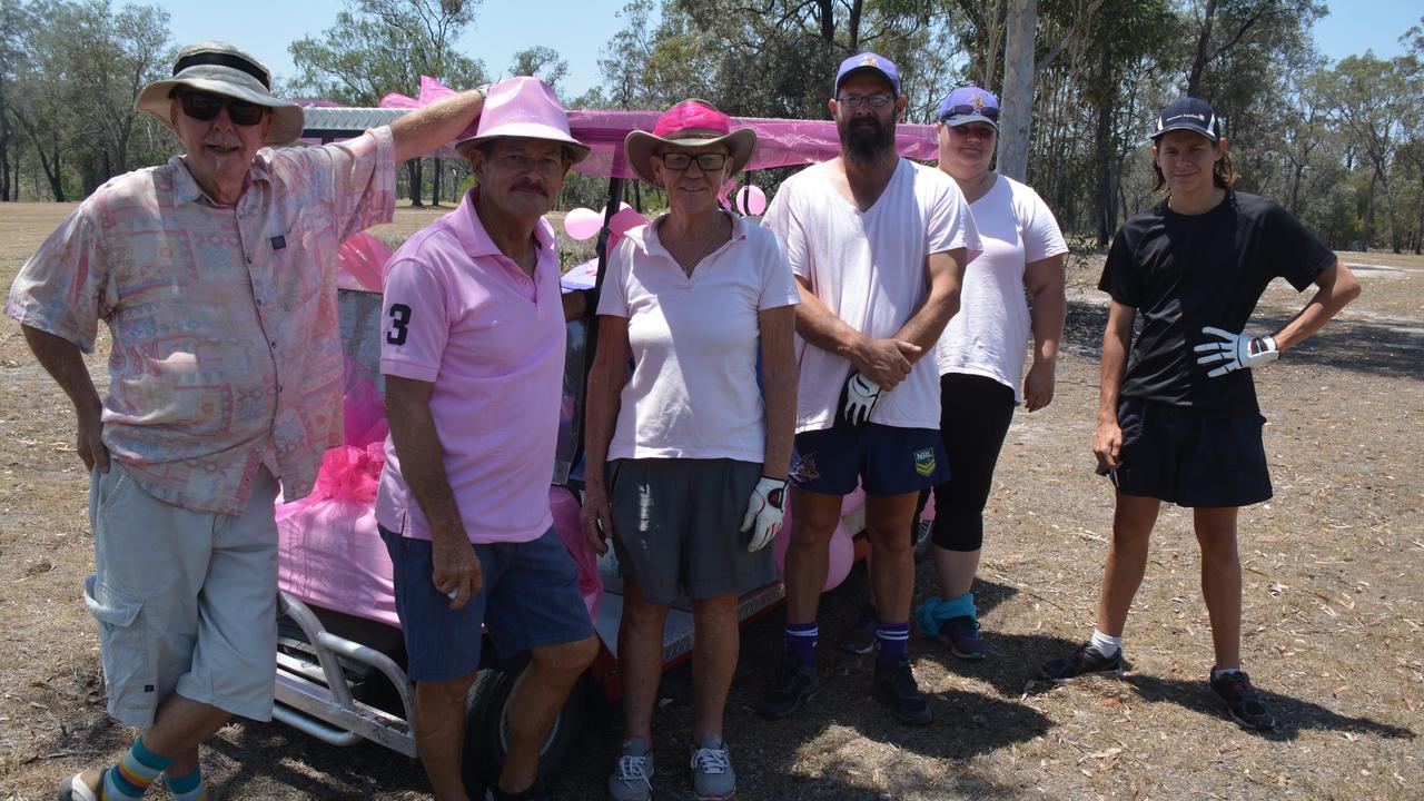 Bob Monaghan, Allan and Raewyn Willoughby, Darrell Offord, Bridgette Hedges and Teejay Offord at the Proston Pink Golf Day on Saturday, November 16. (Photo: Jessica McGrath)