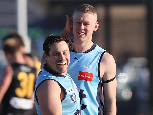 Bannockburn's Leigh Ellis and Jordan Gould celebrate a goal. GDFNL match between Bannockburn and Winchelsea. Picture: Alan Barber